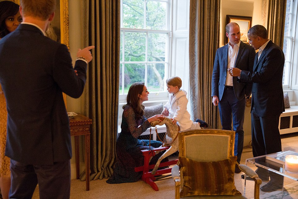 President Barack Obama talks with the Duke of Cambridge while the Duchess of Cambridge plays with Prince George; at left First Lady Michelle Obama talks with Prince Henry of Wales, at Kensington Palace in London April 22, 2016. (Official White House Photo by Pete Souza)