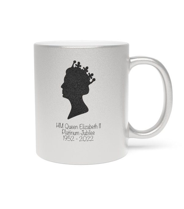 God Save The Queen Mug : A Silver-toned mug that features the Queen's silhouette on one side and the lyrics to God Save The Queen on the other