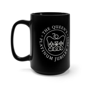 Black Ceramic 15 Ounce Mug featuring the Platinum Jubilee Emblem in White