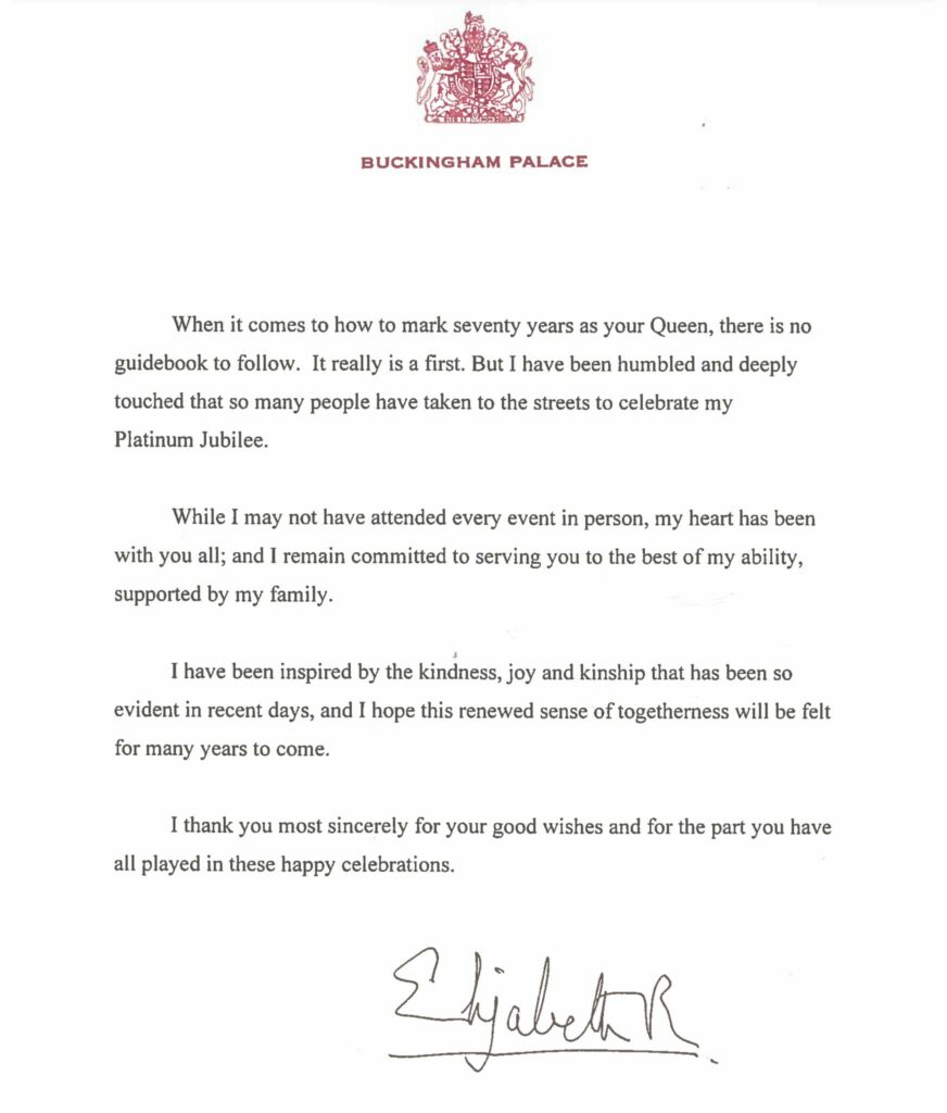 Message of Thanks from Her Majesty at End of Platinum Jubilee