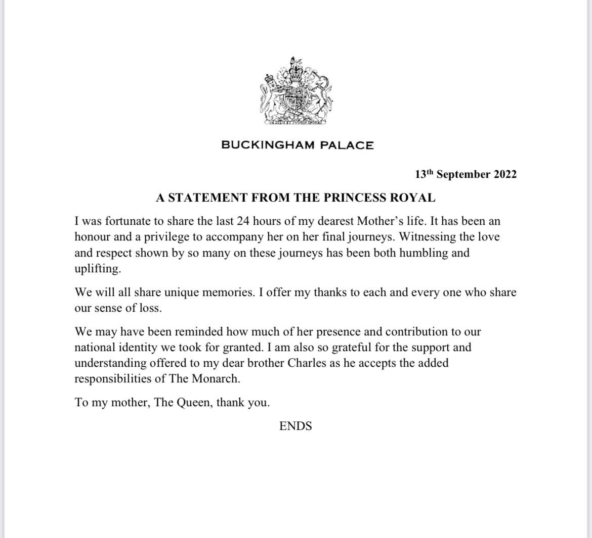 Statement by Her Royal Highness The Princess Royal